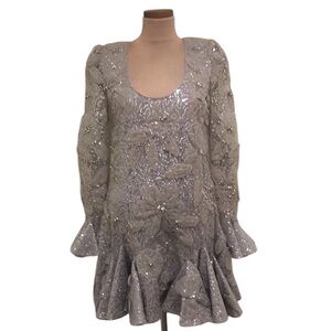 NWT Badgley Mischka Dress Size 2 Taupe Beige Rhinestone Sequin Floral Appliqué